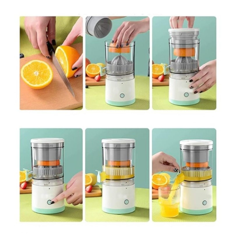 (4-tlg. Set) 400ml Elektrische USB Orangen Saft Presse Tragbarer Zitronen Entsafter Zitruspresse - Weiss / Türkis