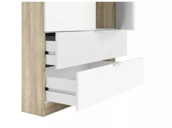 Armoire avec 2 portes et 2 tiroirs, Finition blanc et bois, 81 cm (L) x 180 cm (H) x 52 cm (P)