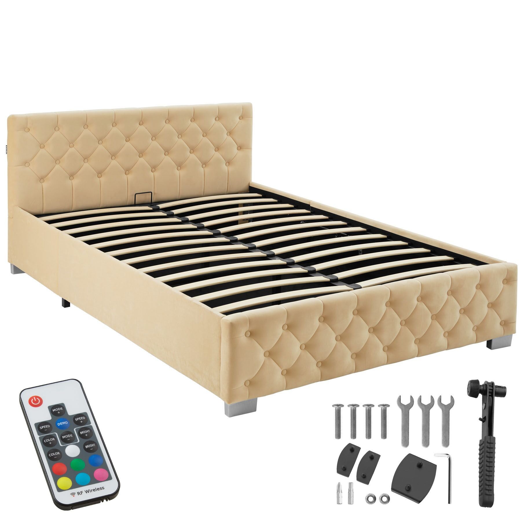 Polsterbett mit LED-Leisten & Stauraum