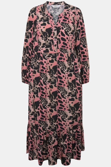 Maxikleid, A-Linie, Animal-Mustermix, Tunika-Ausschnitt, Langarm
