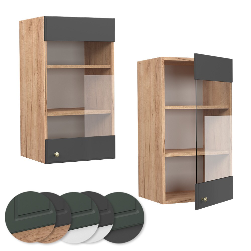 Vicco Hängeglasschrank Küchenschrank Küchenmöbel Fame-Line Eiche Anthrazit-Gold Landhaus 40 cm Küche Einbauküche Hängeschrank Glasschrank Drehtür Einlegeboden Küchenzeile
