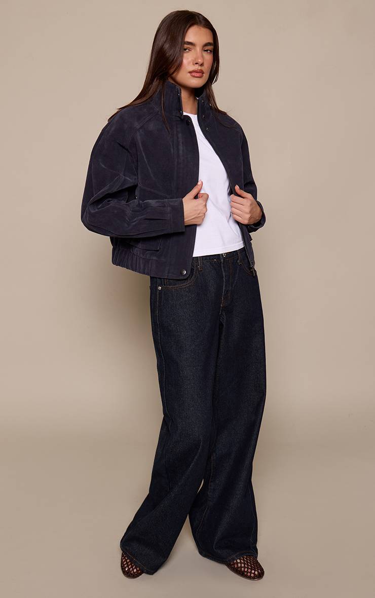 Bleu Marine Blouson Aviateur Court En Synthétique Col Montant Avec Poches Utilitaires