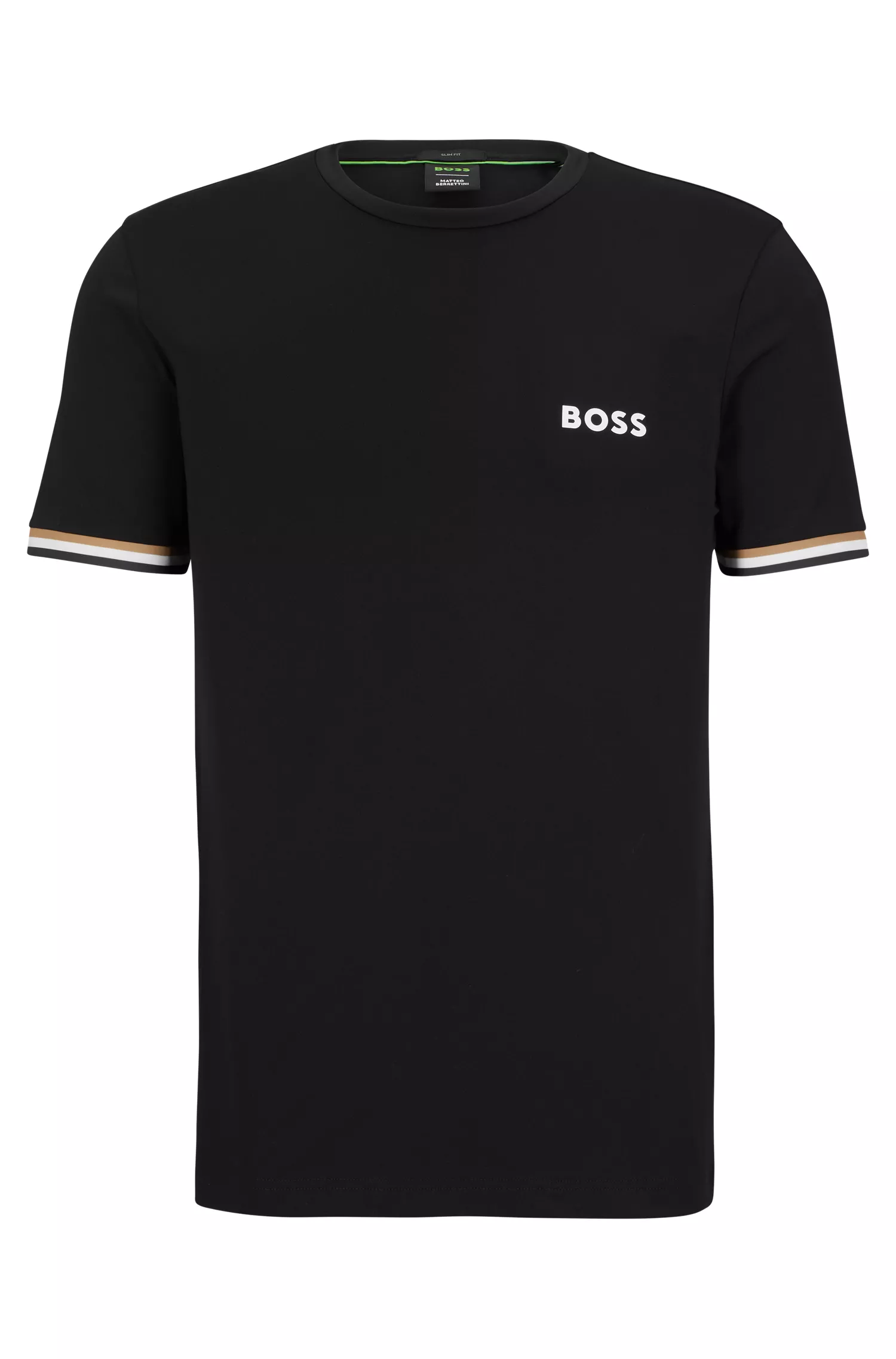 Camiseta BOSS Green - BOSS x Matteo Berrettini com gola redonda e listras características.