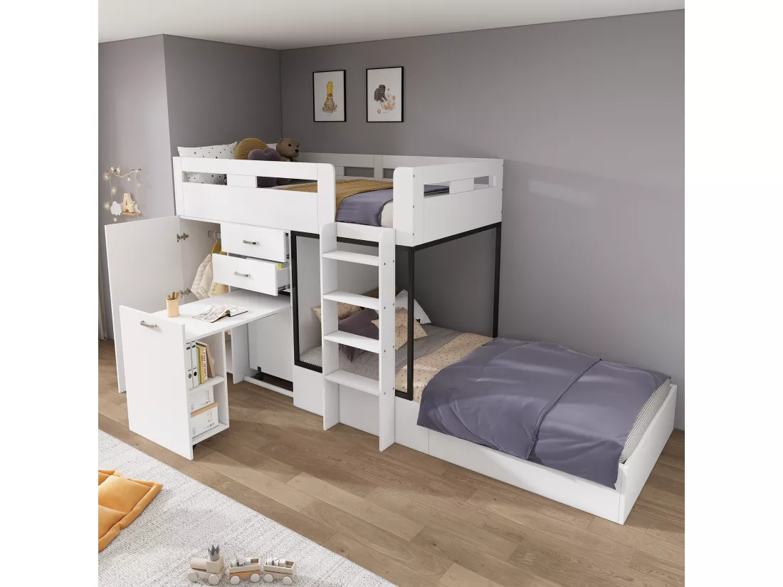 Lit superposé multifonctionnel - 2x90x200 cm- avec armoire et un bureau coulissant - Blanc (sans matelas)
