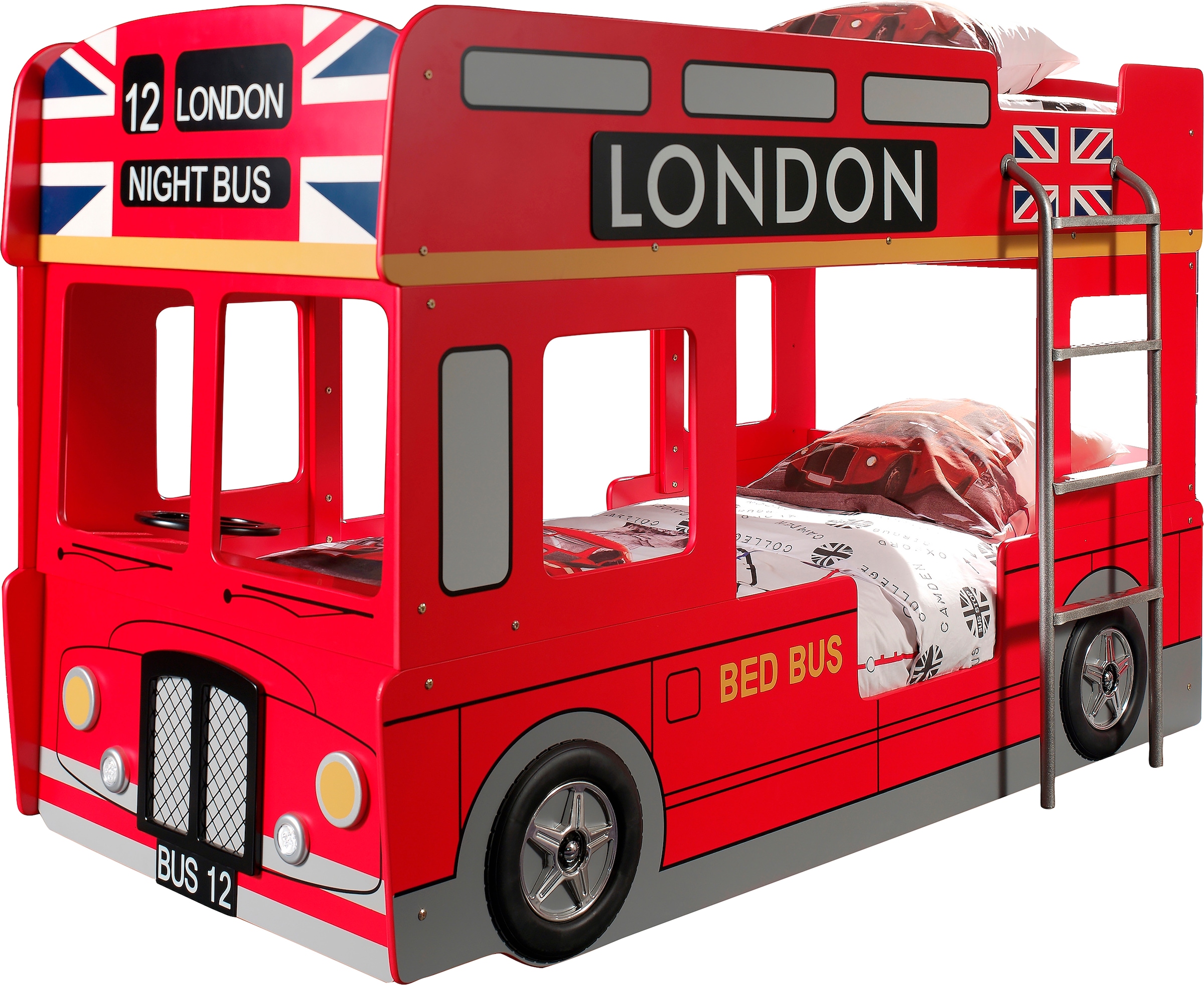 Vipack Etagenbett »London, in Londoner Stadtbuss-Optik, das Highlight im Kinderzimmer« B/H/T ca. 215x132x100cm, MDF rot lackiert mit Applikationen,  inkl. Bodenplatten für die Matratzenauflagen und seitlicher Leiter