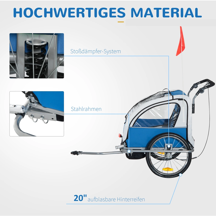 HOMCOM Kinderanhänger mit Staufach blau, weiß