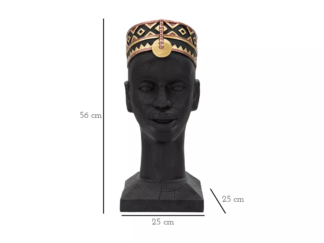 Tête d'homme Masai - 25x25x56 cm - Statue en résine noire, inspiration Afrique du Nord.