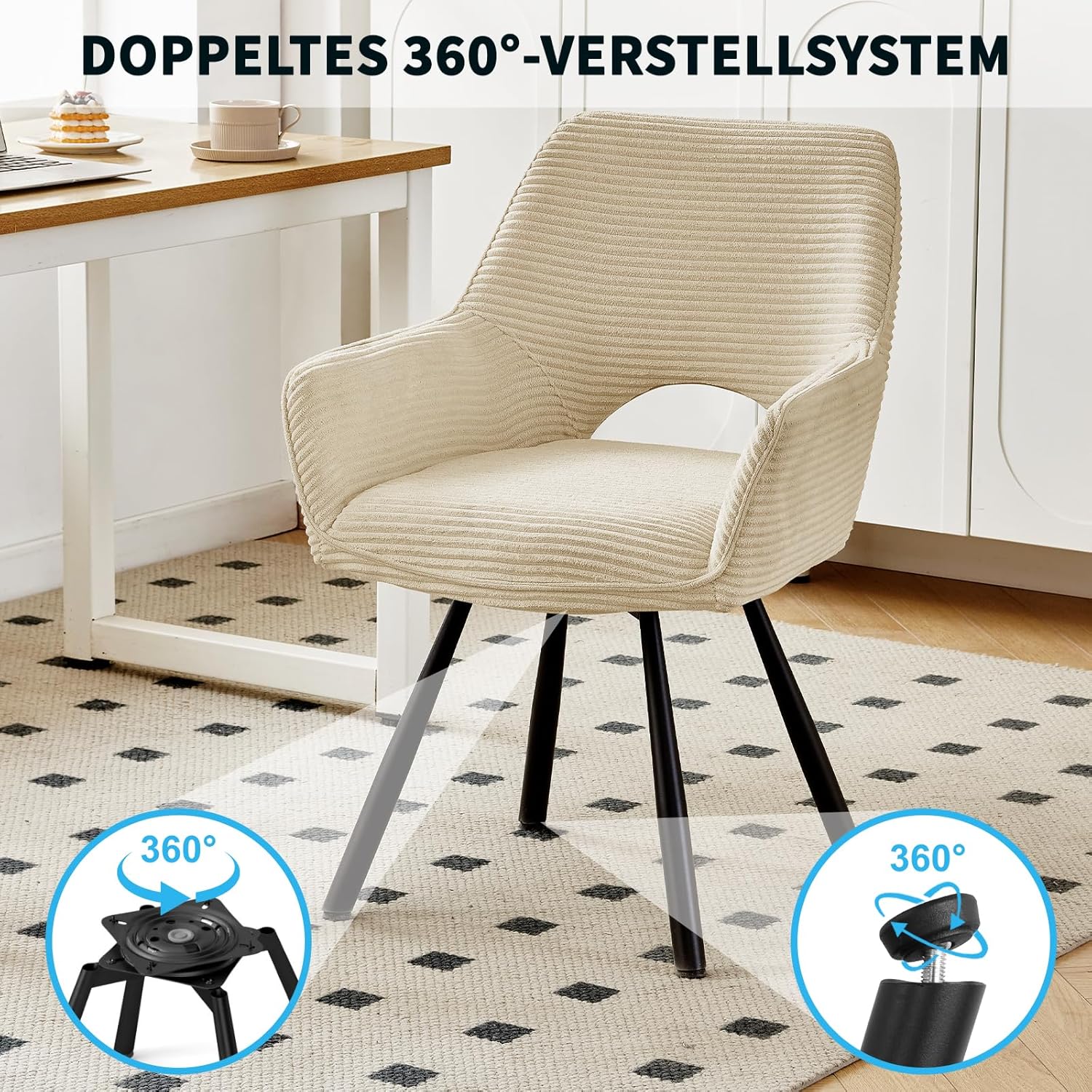 2er Set Esszimmerstuhl Drehbar mit Armlehne, Drehbar 360°, Küchenstuhl, Moderner Polsterstuhl mit Stoffrückenlehne für Küche, Esszimmer, Schlafzimmer, Beige