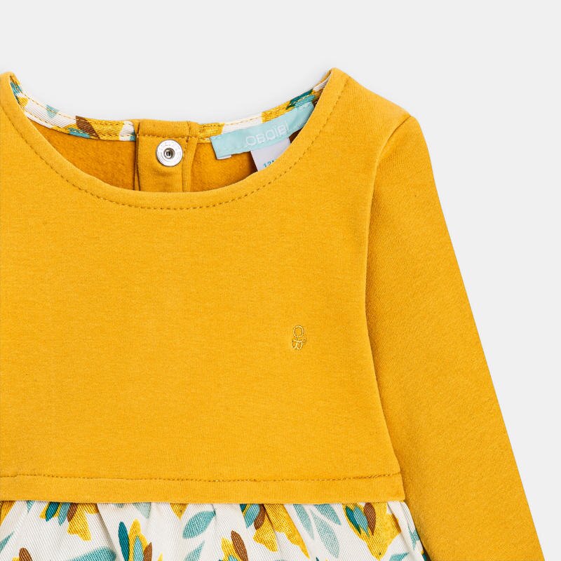 Robe bi-matière imprimée oiseaux jaune bébé fille Jaune