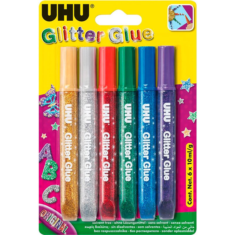 Colle pailletée Glitter Glue UHU couleurs Original - Etui de 6