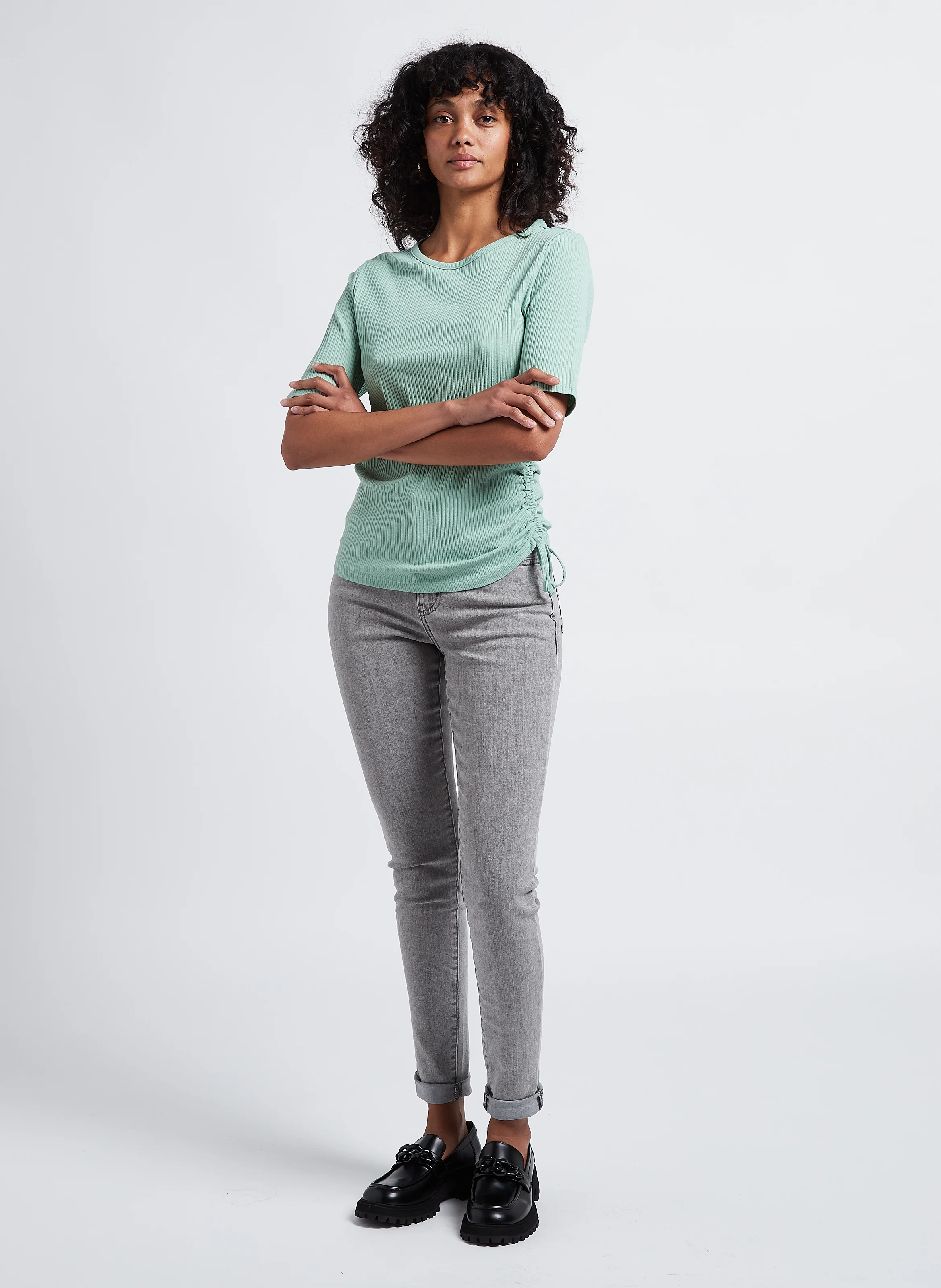 SIDE TIE SS - Top col rond en coton mélangé| Vert