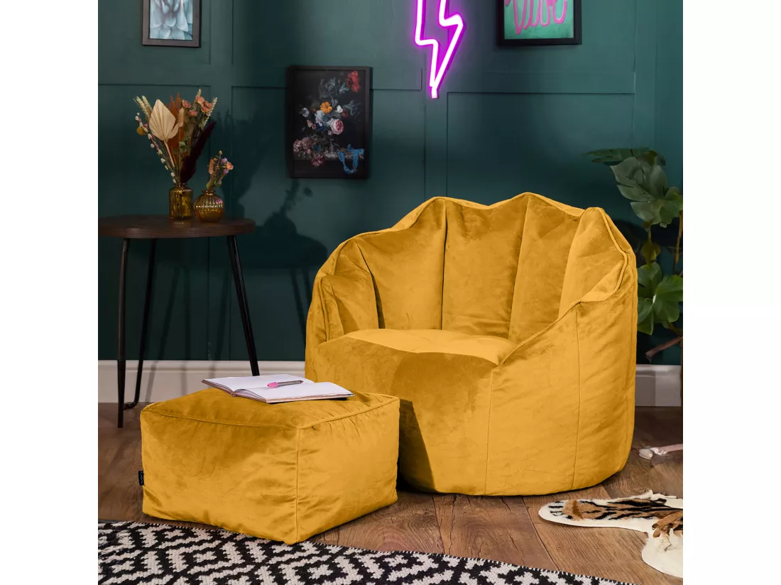Pouf fauteuil avec repose-pied velours jaune ocre - SIRENA