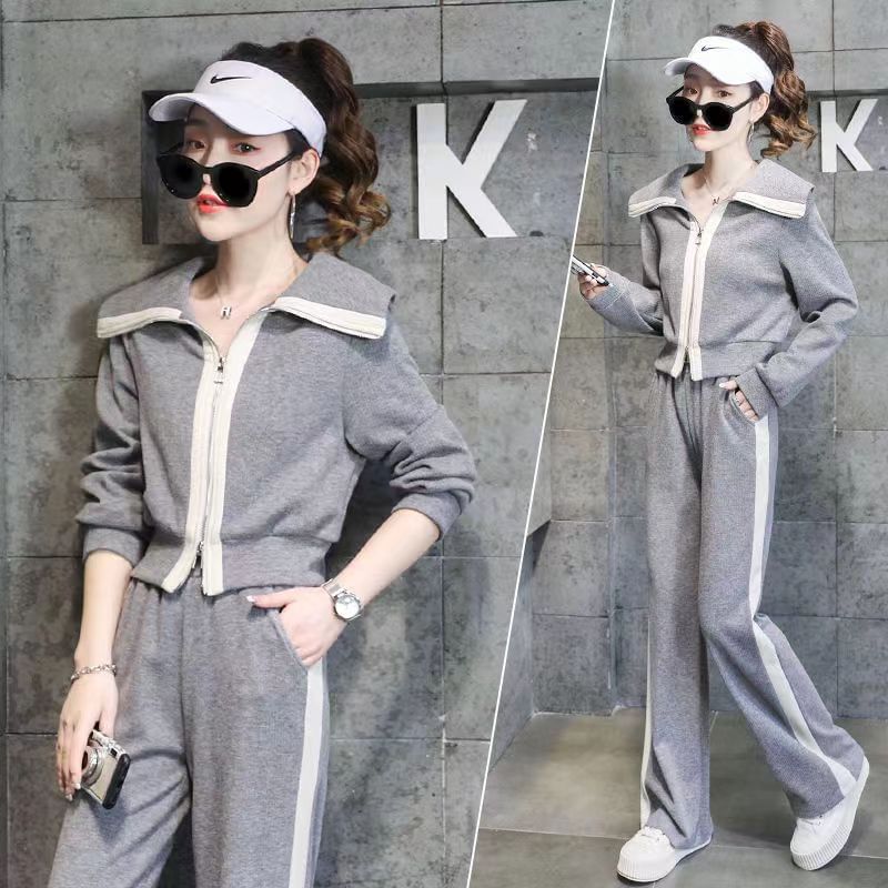 Everose - Set: Kraag Tweekleurige Ritsjas + Elastische Taille Wijde Pijpen Joggingbroek