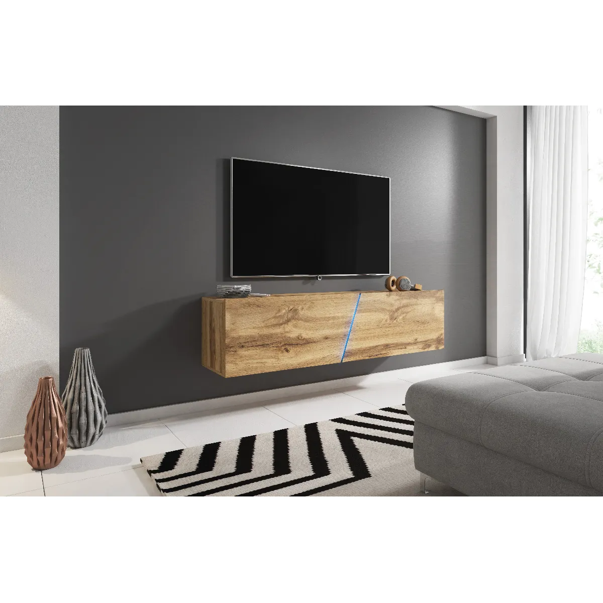 3xeliving Meuble TV suspendu LED Aczi chêne Wotan
