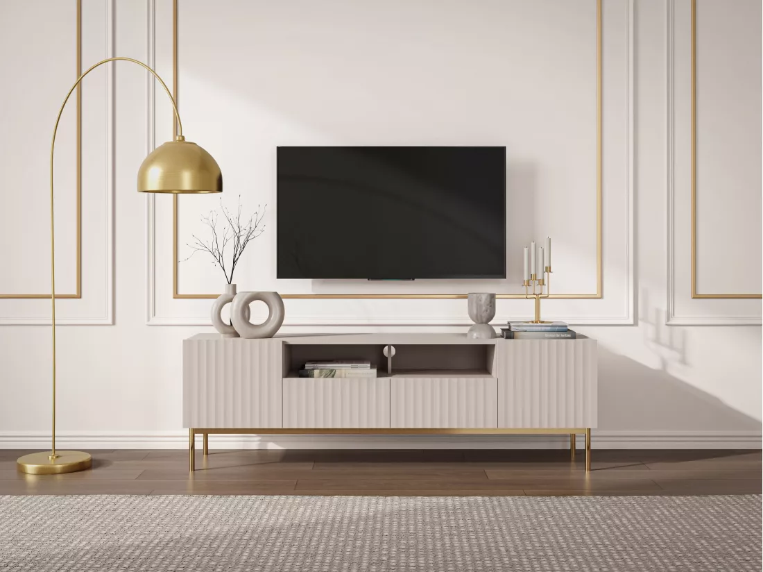 Meuble TV avec 2 portes, 2 tiroirs et 2 niches en MDF et acier - Beige et doré - EVILANA