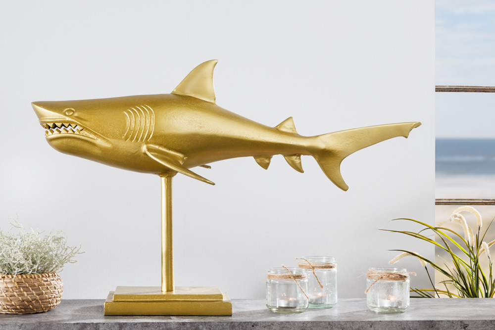 Maritime Skulptur HAI 68cm gold handmade Metall Design Haifisch