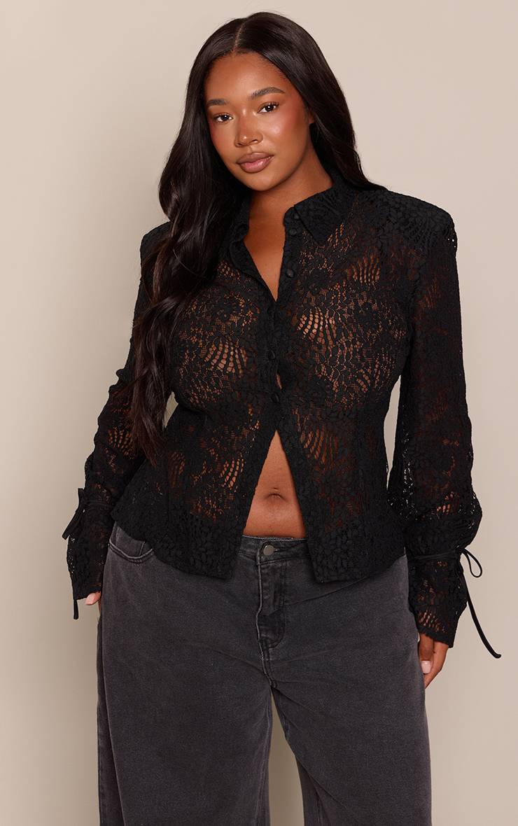 Noir Chemise Grande Taille En Dentelle Transparente Avec Épaulettes Et Poignets À Nouer