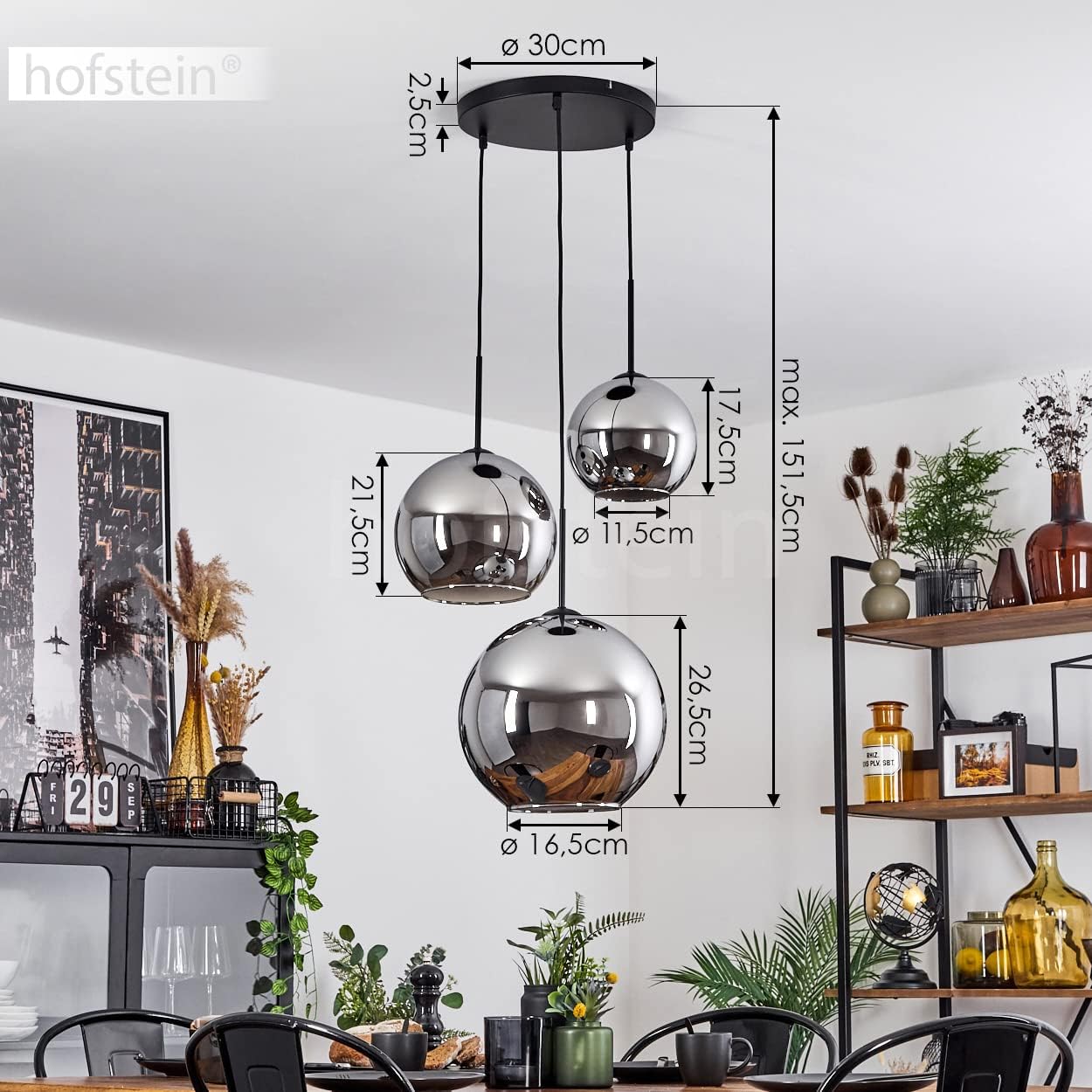 Hängeleuchte Koyoto, Hängelampe aus Metall/Glas in Schwarz/Chromfarben, Leuchte 3-flammig im Vintage/Retro Design mit Schirmen aus Glas (Ø 20cm/25cm/30cm), Höhe max. 151,5 cm, E27, ohne Leuchtmittel