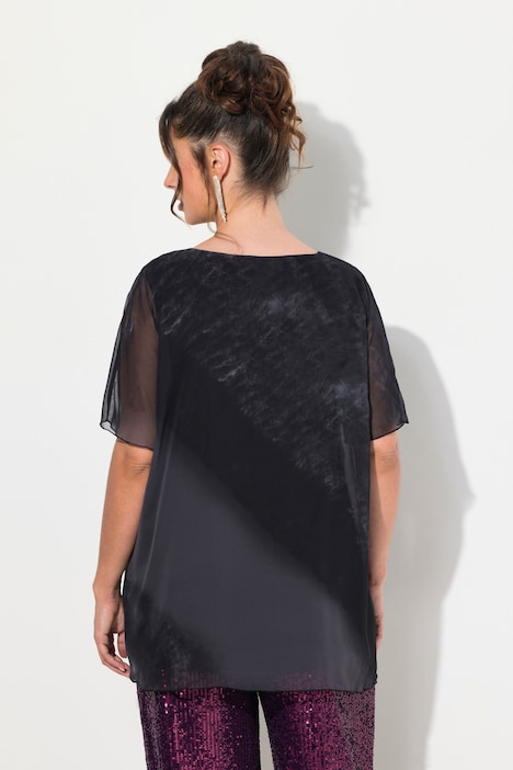 Bluse, doppellagig, Blüten, A-Linie, Rundhals, Halbarm