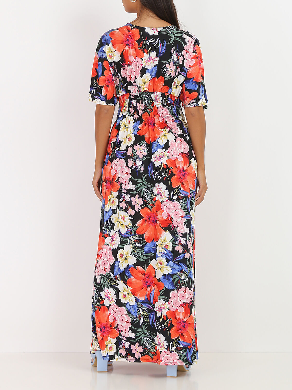 Robe longue fleurie à manches chauve-souris- Noir