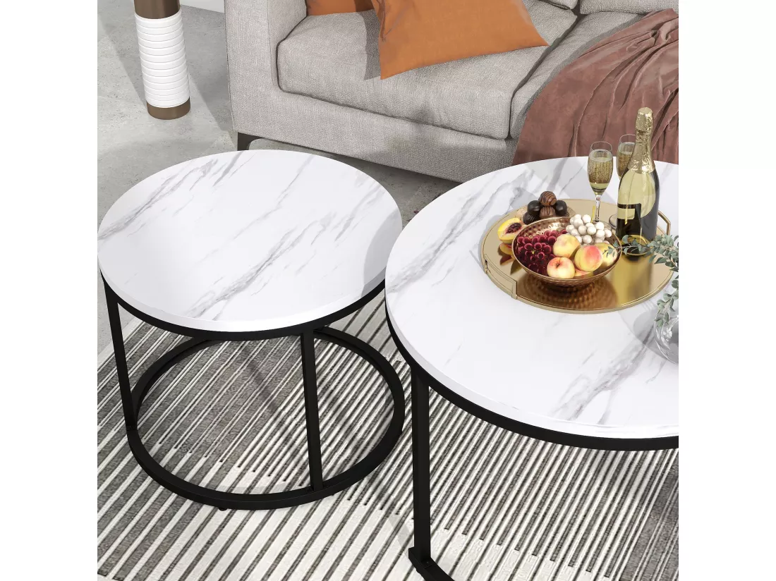 Lot de 2 tables basses gigognes, table d'appoint ronde en MDF, placage marbré, blanc