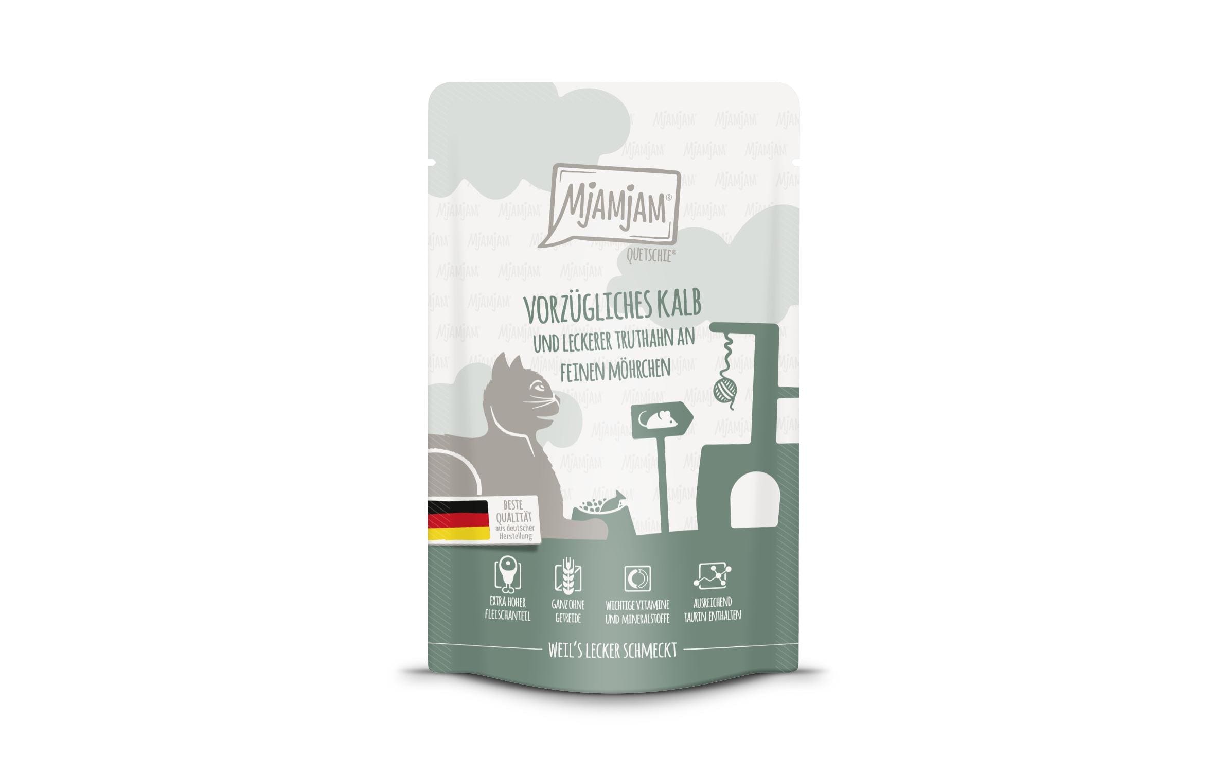 Nassfutter Quetschie Kalb & Truthahn, 12 x 125 gAlleinfuttermittel für ausgewachsene Katzen