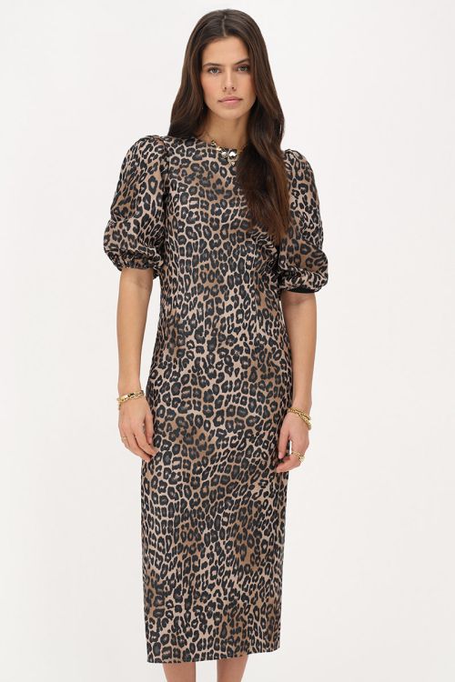 Panterprint maxi jurk met pofmouwen