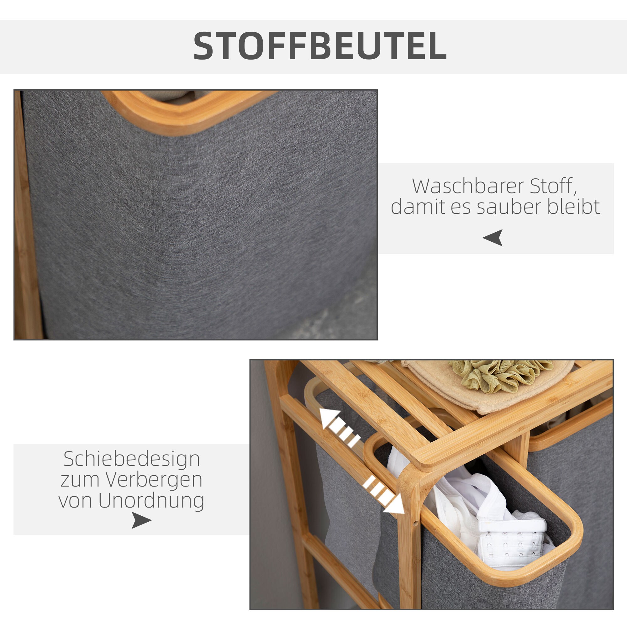 HOMCOM Wäschekorb mit 3 abnehmbaren Wäschesacke grau, natur 50L x 32B x 69,7H cm