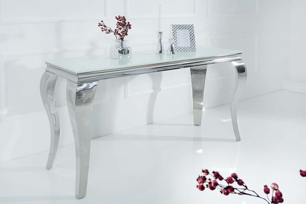 Eleganter Konsolentisch MODERN BAROCK 145cm weiß Opalglas Edelstahlbeine