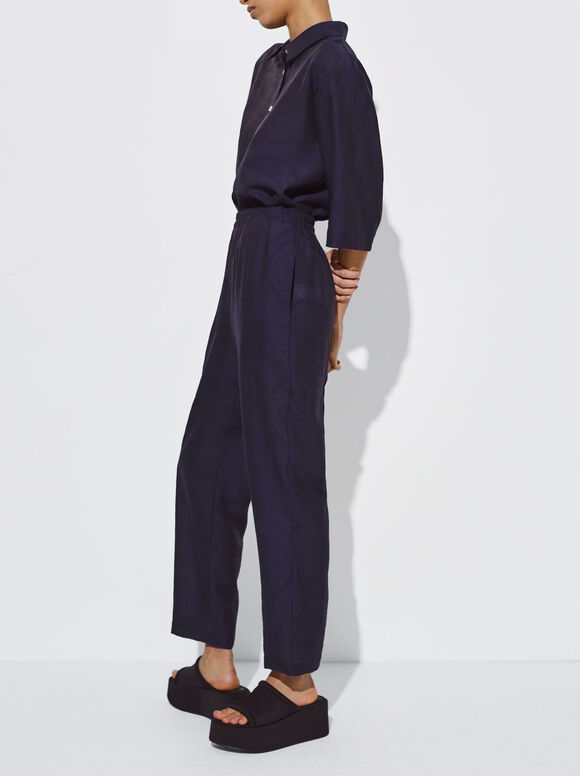 Calça reta em jacquard - Azul marinho