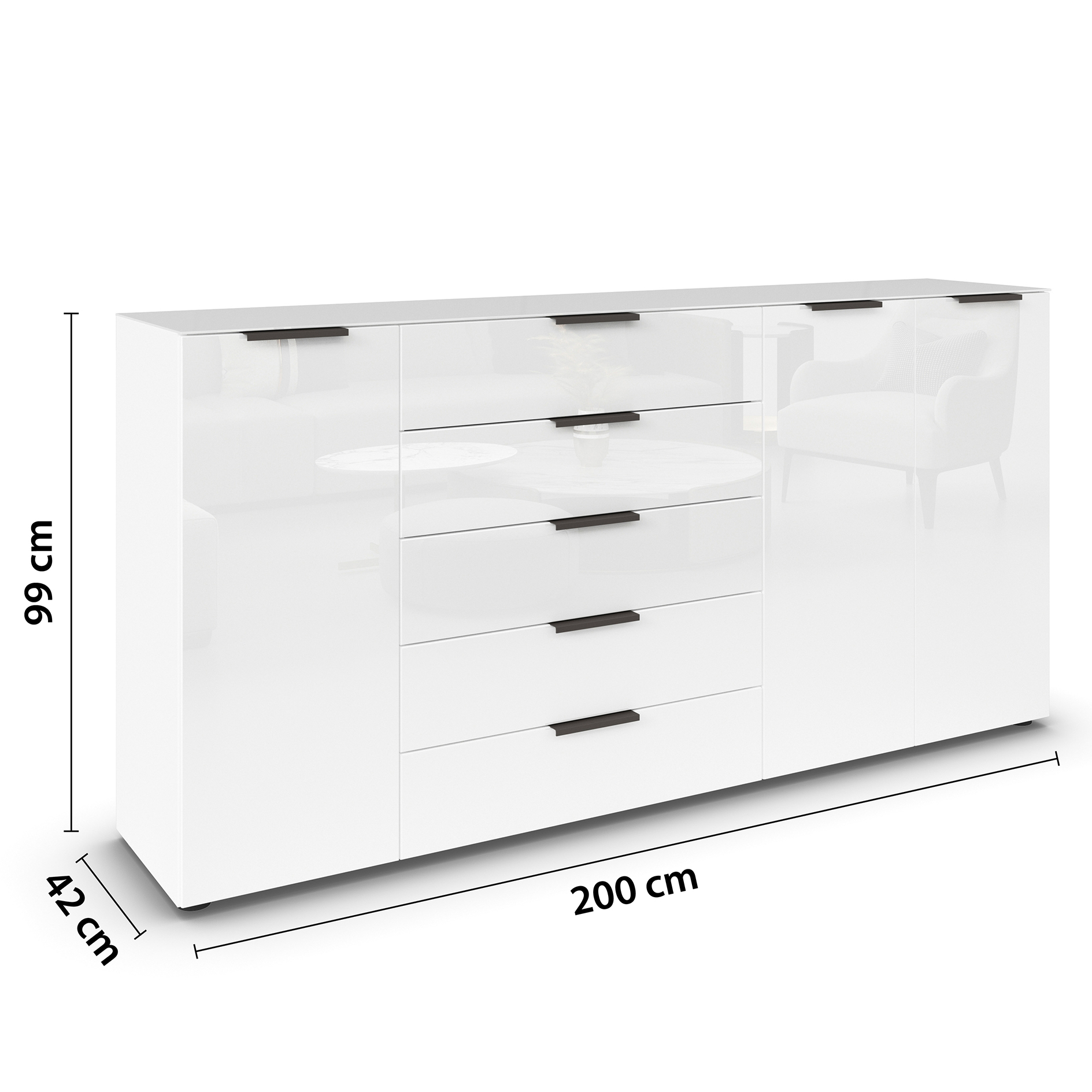 Kommode - alpinweiß-Kristallweißglas - Graphitgriffe - 199 cm