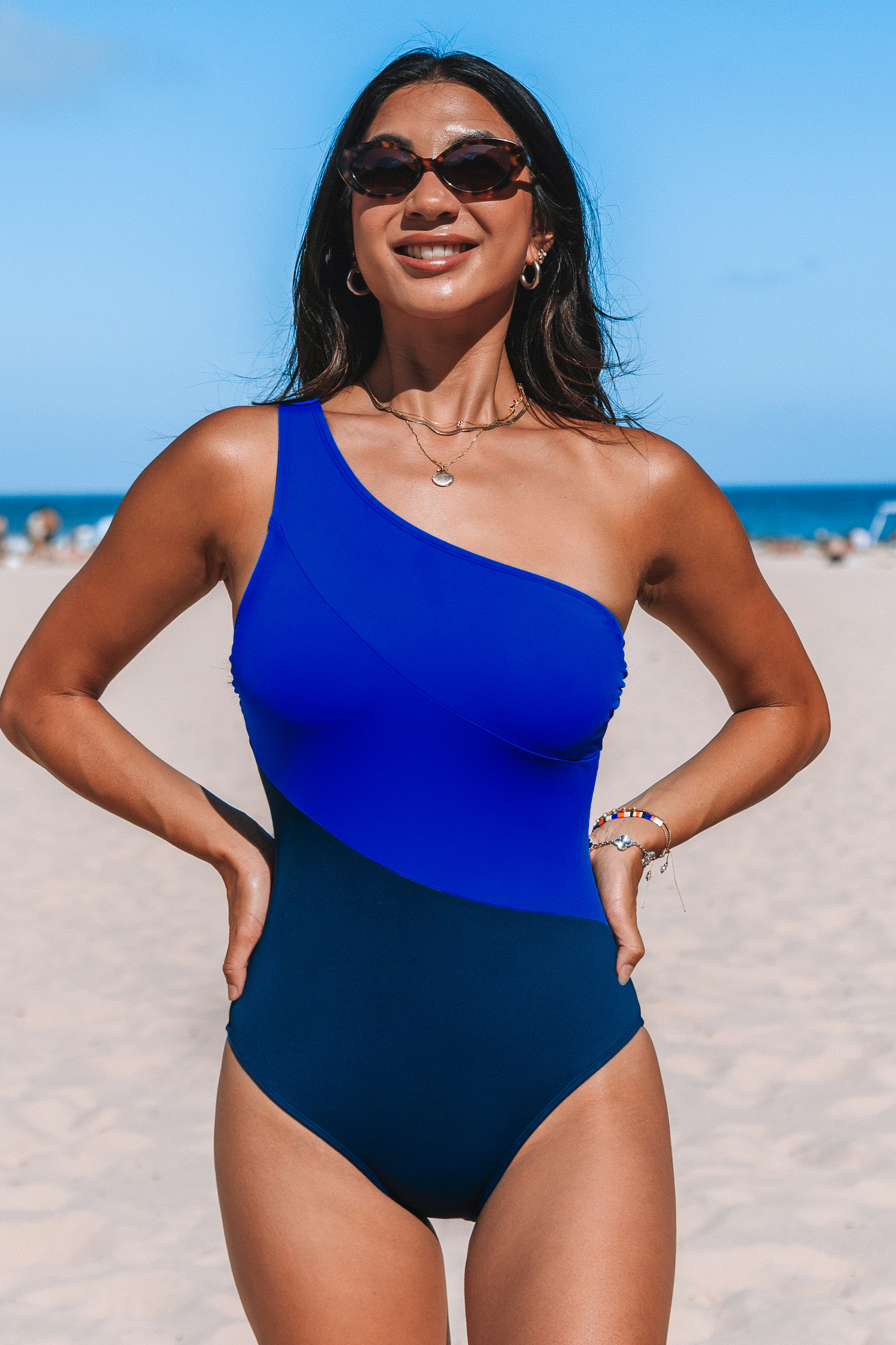 Maillot de bain une pièce ventre plat à une épaule bleu roi