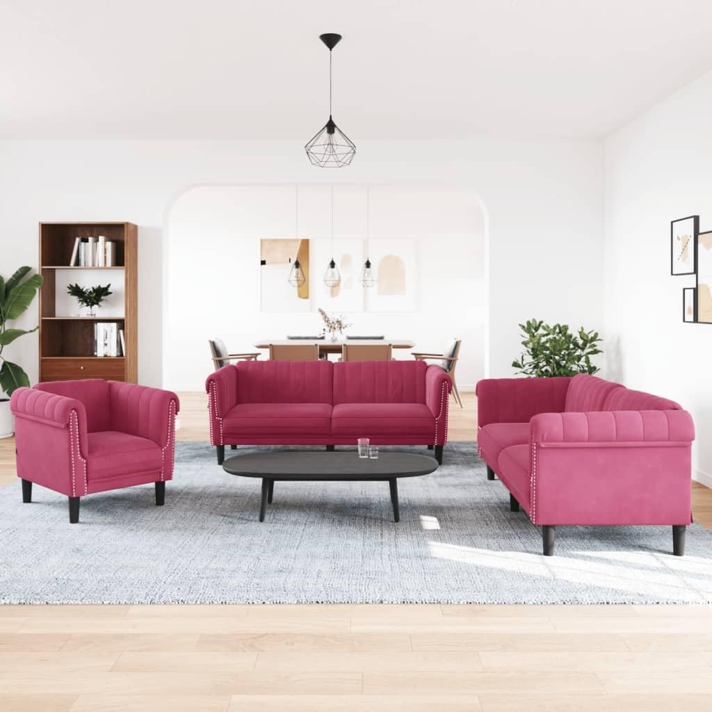 3-TLG. Samt Sofagarnitur Weinrot, Modernes Wohnzimmer Set mit 1 Sessel, 2-Sitzer & 3-Sitzer Sofa, Dick Gepolstert, Stabile Holzbeine, Gemütliches Lounging Möbel für Zuhause