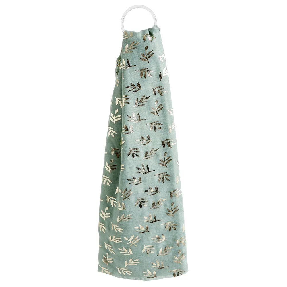 Foulard vert clair imprimé feuille dorée