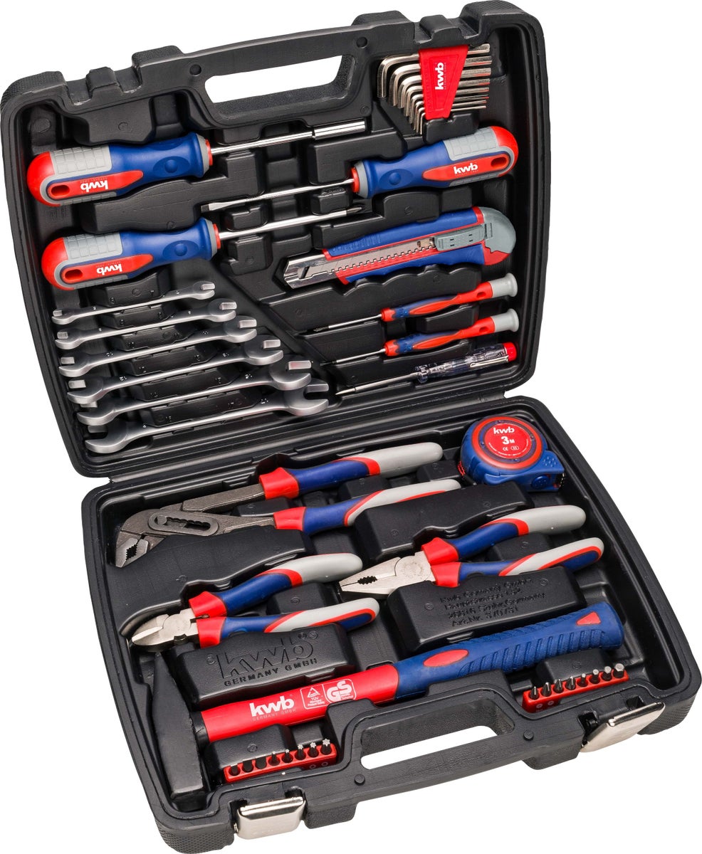 kwb gereedschapskoffer inclusief schroevendraaierbits, 42-delig, gevuld, robuust en hoogwaardig, ideaal voor thuis of in de garage, GS-gecertificeerd, in praktische kunststof koffer, rood, blauw, grijs