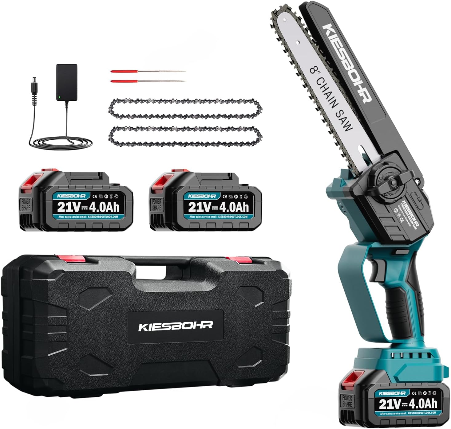 Akku-Kettensäge, 8 Zoll mini kettensäge mit Kettenschmiersystem(Lithium-Ionen 21V, Bürstenloser Elektromotor, 2 Akkus 4000mAh, 2 Ketten) Batteriebetrieben