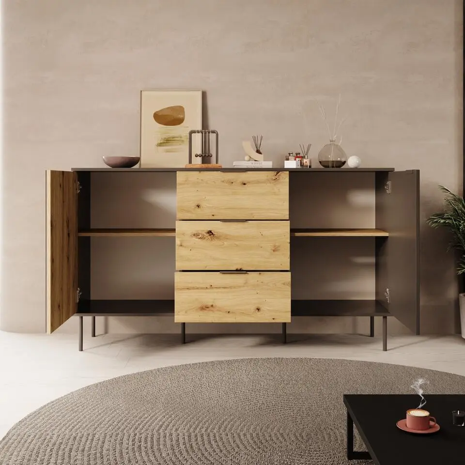 Meubella - Rogan - Dressoir - Zwart - 160x40x92 cm