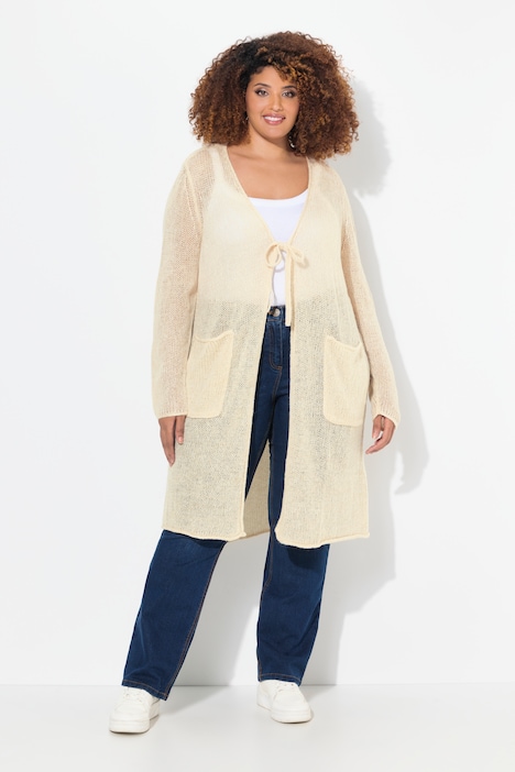 Long-Strickjacke, Bindeband, V-Ausschnitt, Rollkanten