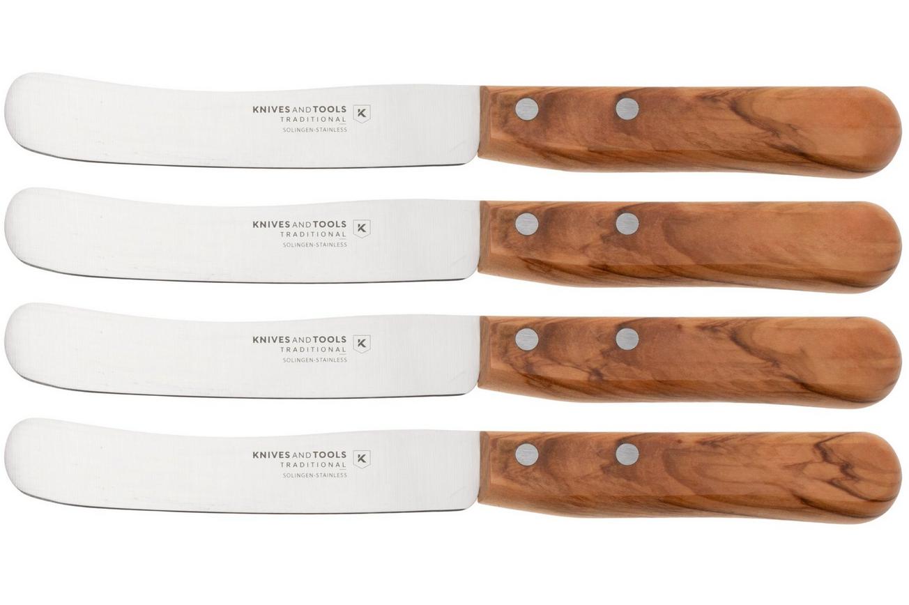 Knivesandtools Traditional Buckels, roestvast staal, olijfhout, 4-delige Buckels ontbijtmessenset