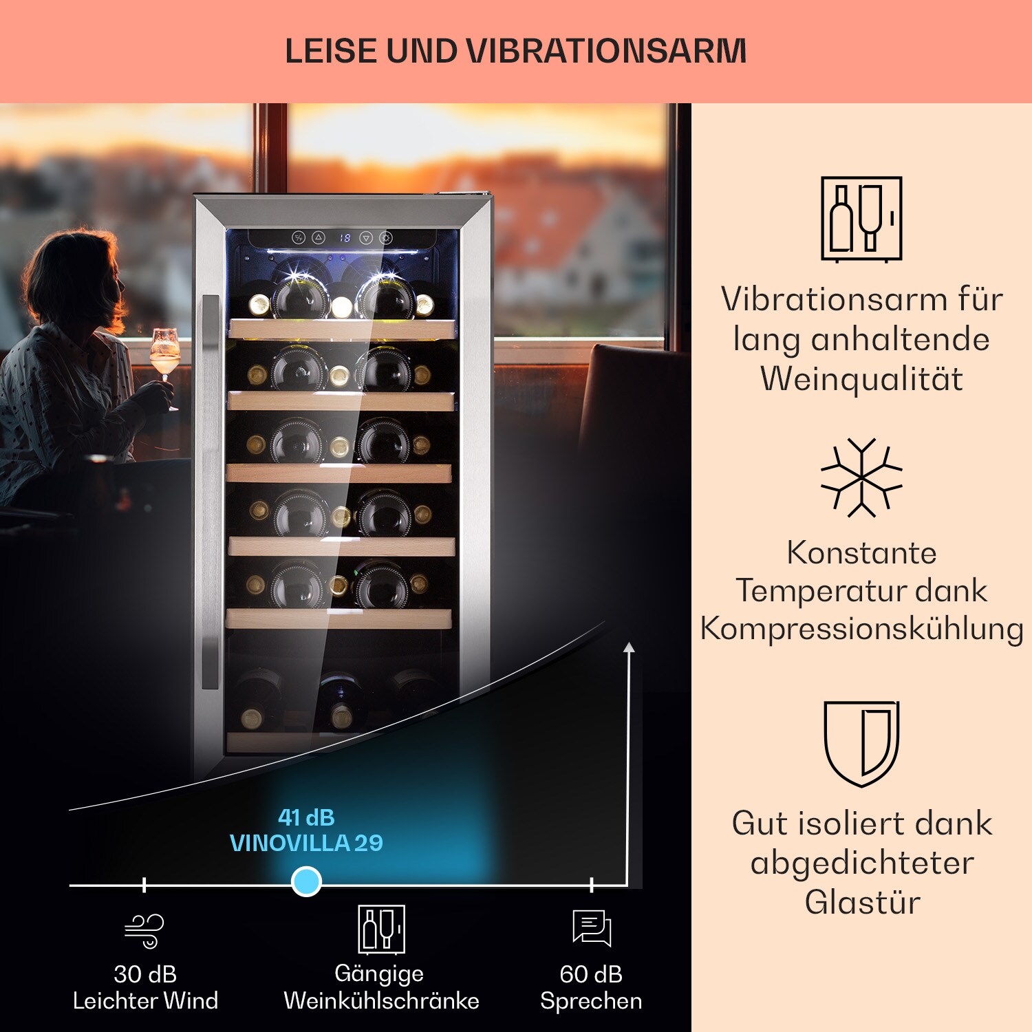Vinovilla 29 Built-In Weinkühlschrank 81 l / 29 Fl. Glastür Edelstahl Edelstahl 81 Liter / 29 Flaschen