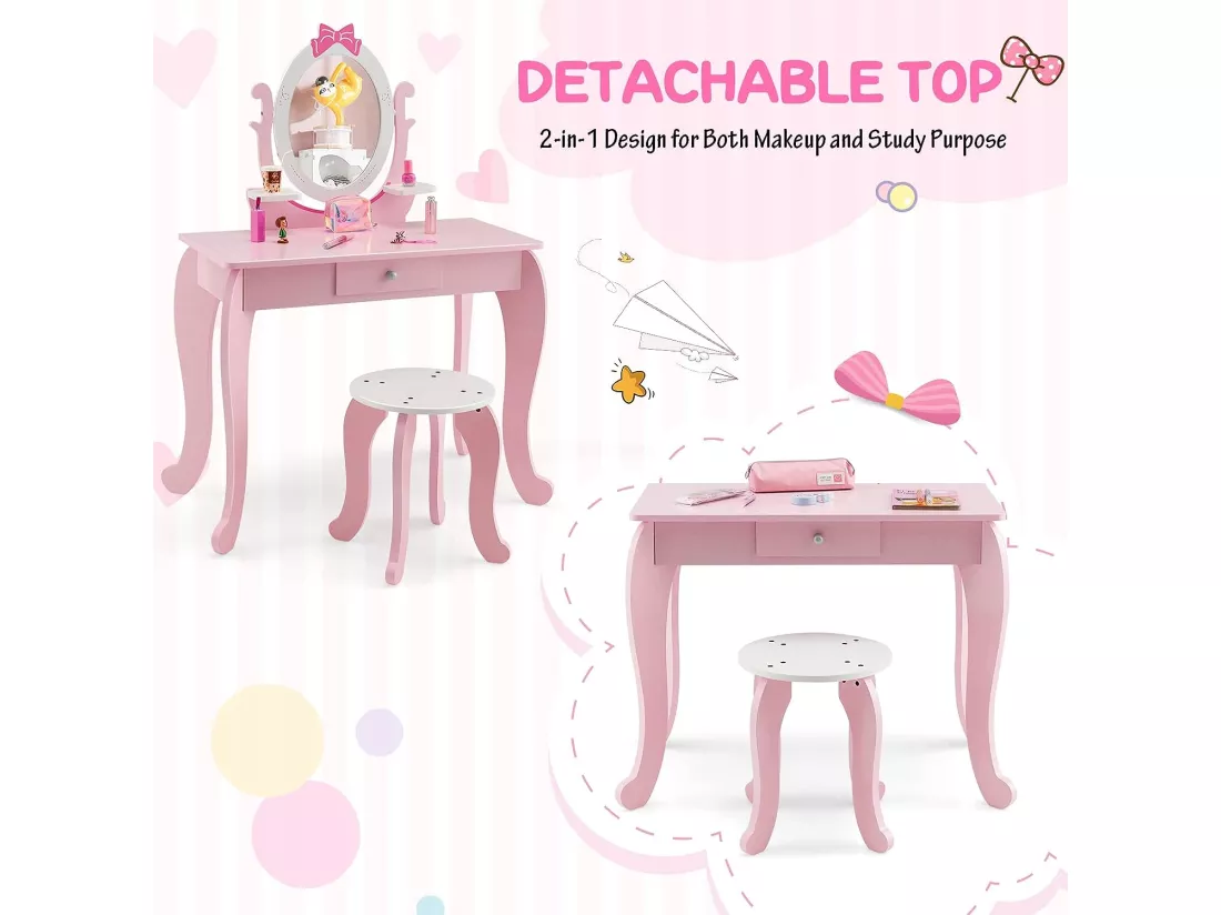 Coiffeuse pour Enfant avec Tabouret, Table Maquillage en Bois avec Miroir Rotatif Ovale, Tiroir et 2 Étagères, Rose