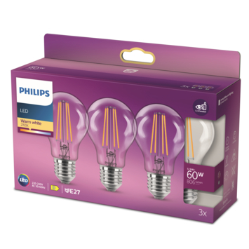 Philips LED peer E27 60W filament helder niet dimbaar 3 stuks