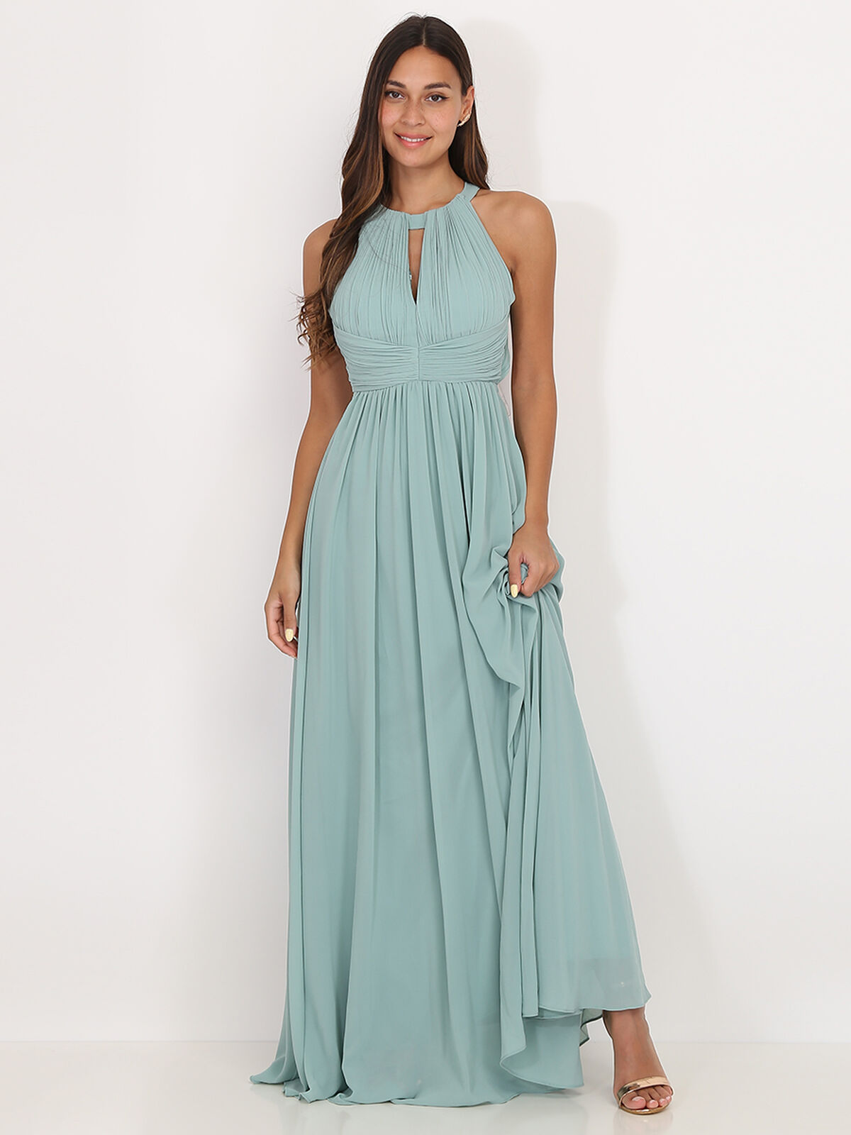 Robe longue drapée dos nu- Vert clair