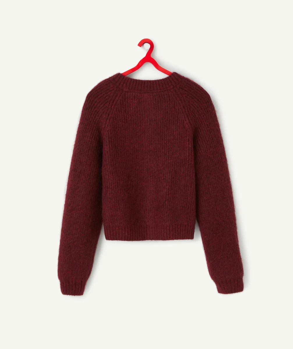 CARDIGAN TRICOT FILLE ROUGE FONCÉ AVEC BOUTONS EFFET ÉCAILLES