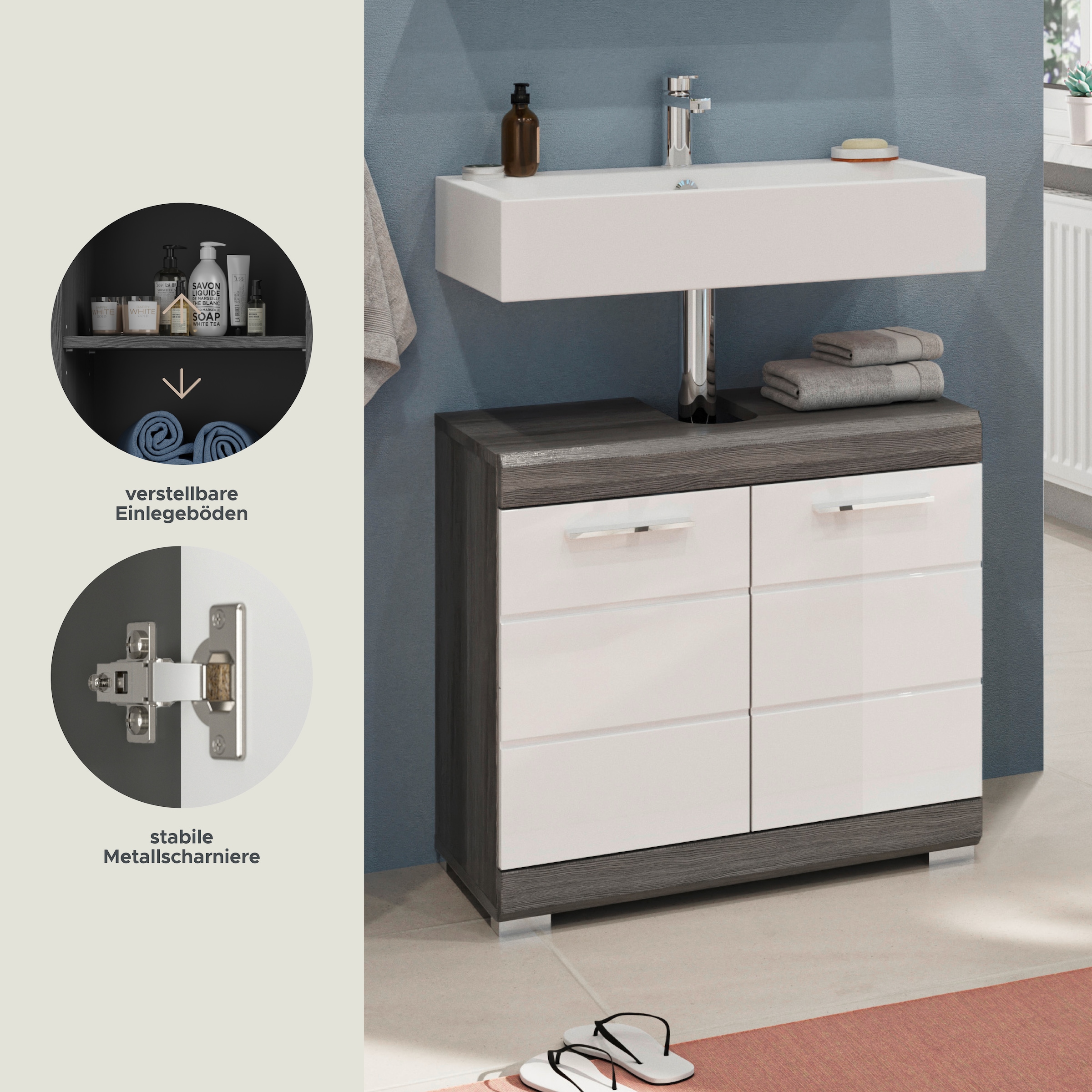 INOSIGN Waschbeckenunterschrank »SIENA, Breite 60cm, 2 Tür, 2 Fächer, mit Siphonausschnitt, MDF-Front« TOPSELLER!, 1 Stk. tlg. in verschiedenen Farben erhältlich, Badmöbel, Badschrank, Kommode, Bad