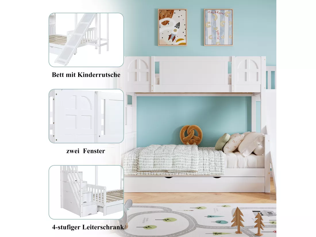 Lit superposé enfant 90x200 cm - avec fenêtre - avec toboggan enfant - tiroirs sur roulettes - escalier avec rampes - bois massif + MDF - blanc (sans matelas)
