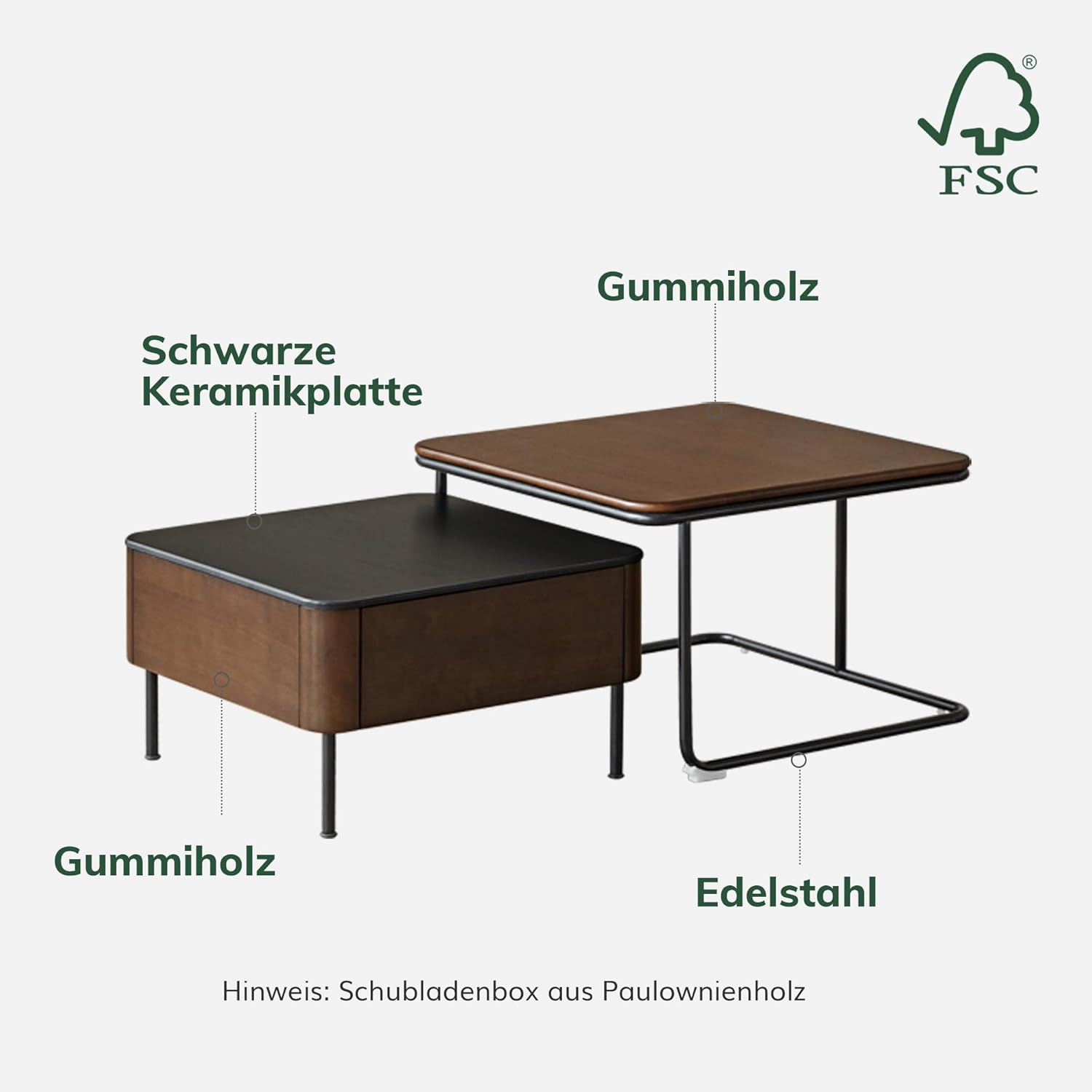 YESWOOD Massivholz Couchtisch 2 Set mit großem Stauraum, quadratischer Beistelltisch 2er Set, Kombinierbar, im Bauhaus-Stil, Tischplatte aus Keramik, für Wohnzimmer, Gummiholz in Walnussfarbe