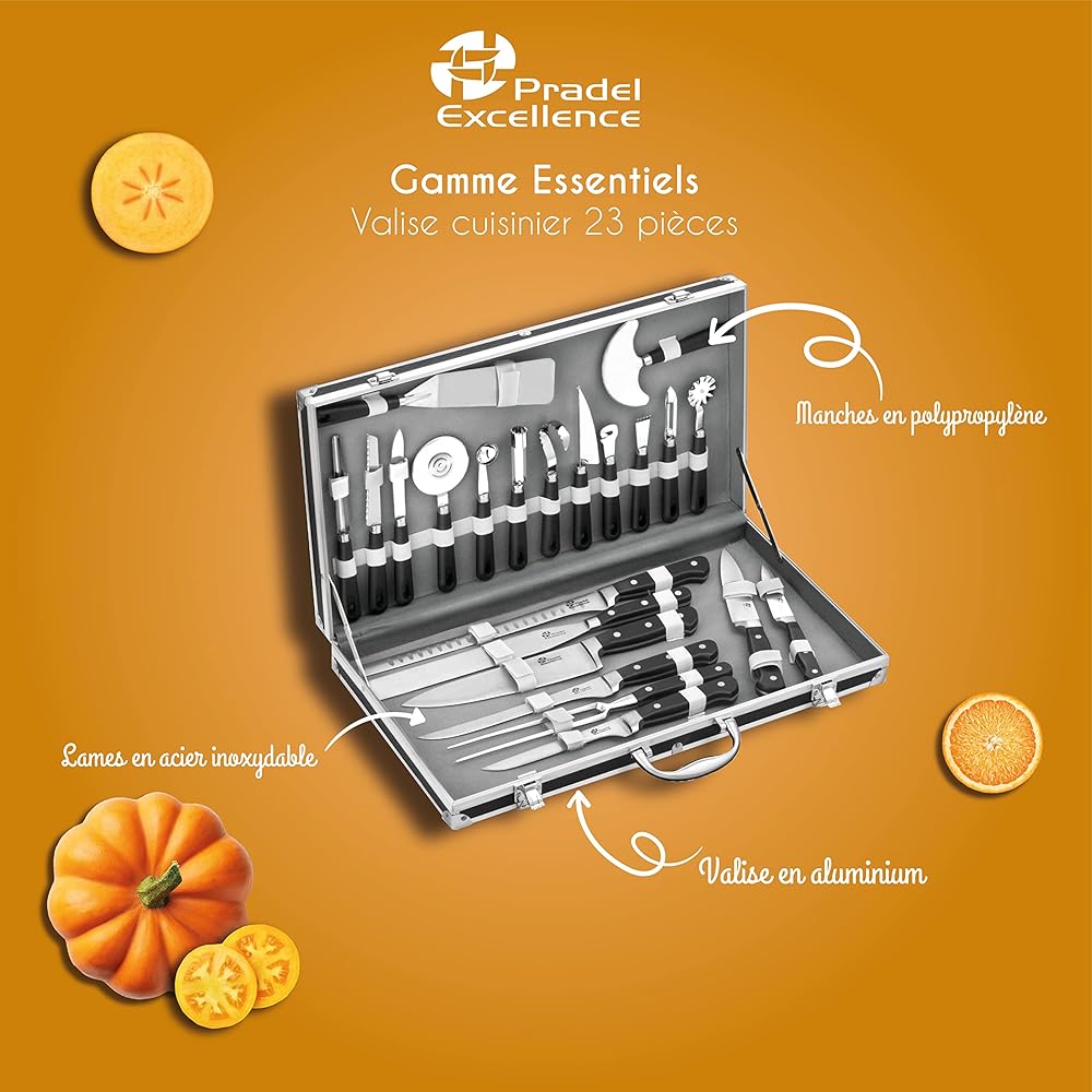 Pradel Excellence - Valise Cuisinier 23 Pièces - 8 Couteaux + 15 Ustensiles de Cuisine - Acier Inoxydable - Compatibles Lave-Vaisselle - Mallette Coutellerie de 50 x 28 x 7 cm : Cuisine et Maison
