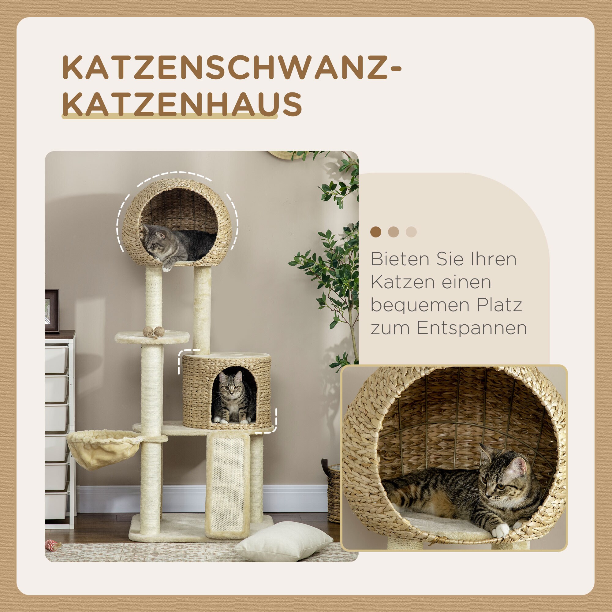 PawHut Kratzbaum mit Katzenhaus beige 60L x 60B x 150H cm