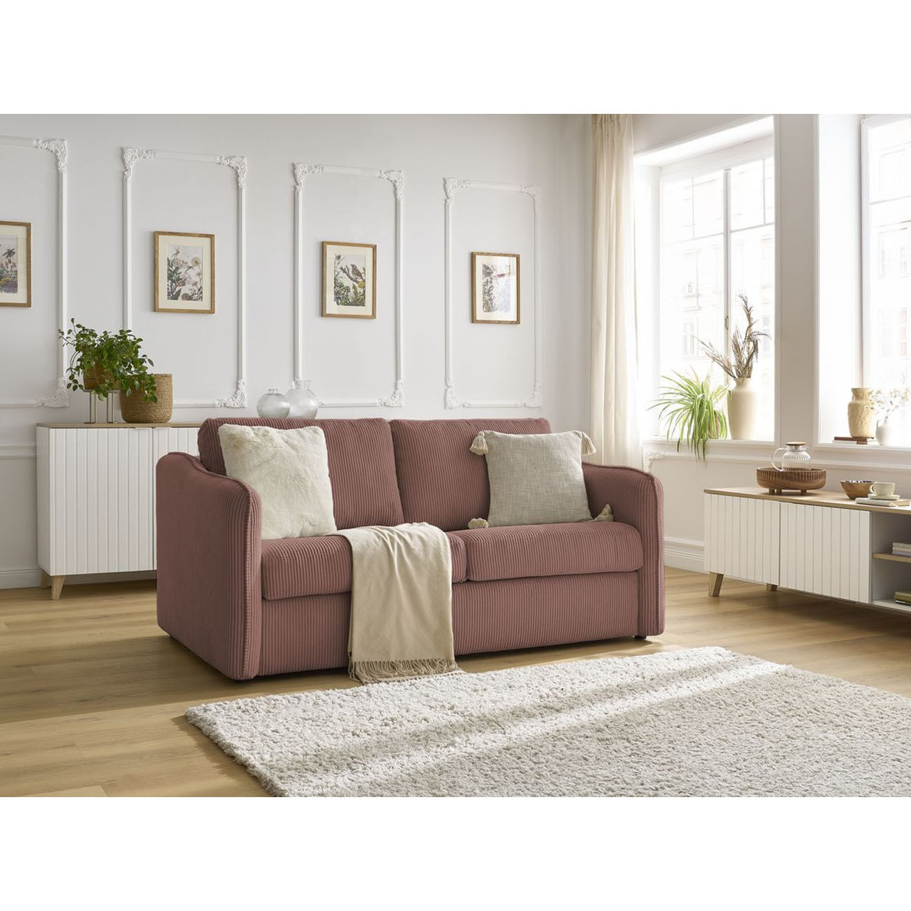 Bobochic Canapé droit convertible express en Velours côtelé 3 places Lenny rose - 178x102x89 cm